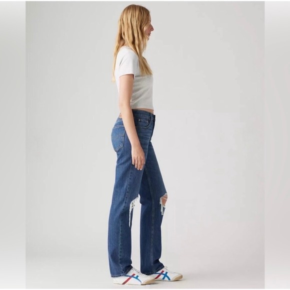 Levi's Low Pro Straight Jeans Women Blue Distressed Ripped Leg Mid Rise 30 - Picture 3 of 7